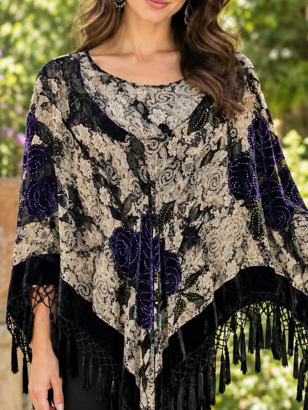 Whimsigoth Fringe Poncho Silk Velvet Black Cream Purple Accents One Size Boho